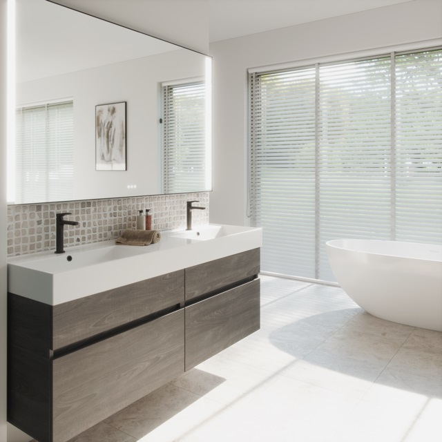 Die Waschtischserie Twenty wird mit Keramik auf 140 und 160 cm Breite